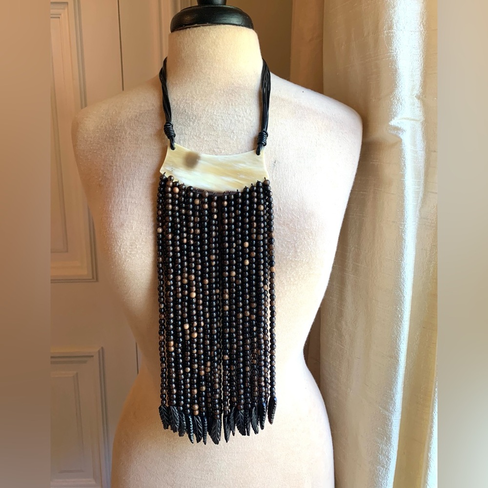 Sweet Olive Boho Horn, Wood and Leather Fringe Necklace w Horn Clasp
